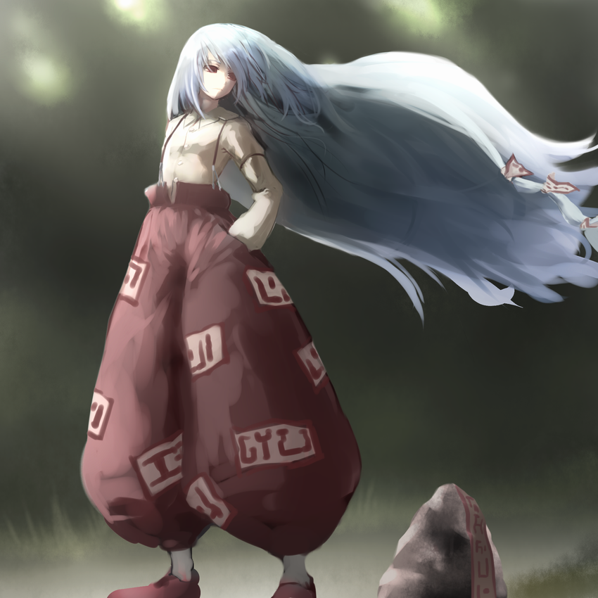 chirigami-san, fujiwara no mokou, touhou, silver hair, bad id, bad pixiv id, 1girl, female focus, hair ribbon, hand in pocket, long hair, looking back, red eyes, ribbon, solo, very long hair