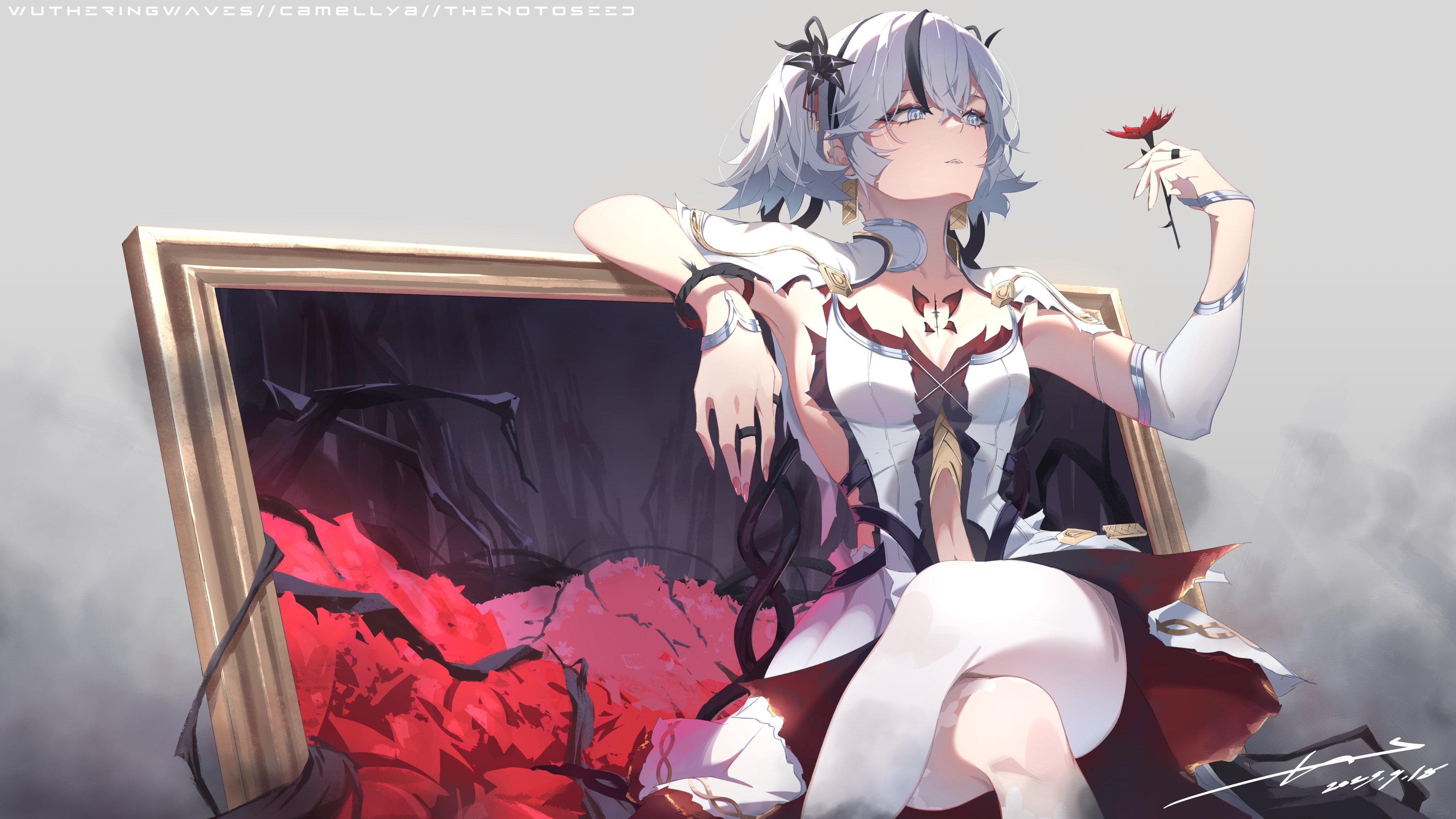 noto (noto 1213), camellya (wuthering waves), wuthering waves, absurdres, commentary request, highres, 1girl, artist name, black flower, blake bloom (wuthering waves), breasts, closed mouth, collar, collarbone, copyright name, crossed legs, dated, dress, earrings, feet out of frame, fingernails, flower, gold earrings, hair between eyes, hair flower, hair ornament, hair vines, holding, holding flower, jewelry, medium breasts, nail polish, pantyhose, pink nails, short hair, signature, single leg pantyhose, sitting, solo, tacet mark (wuthering waves), white collar, white dress, white eyes, white pantyhose