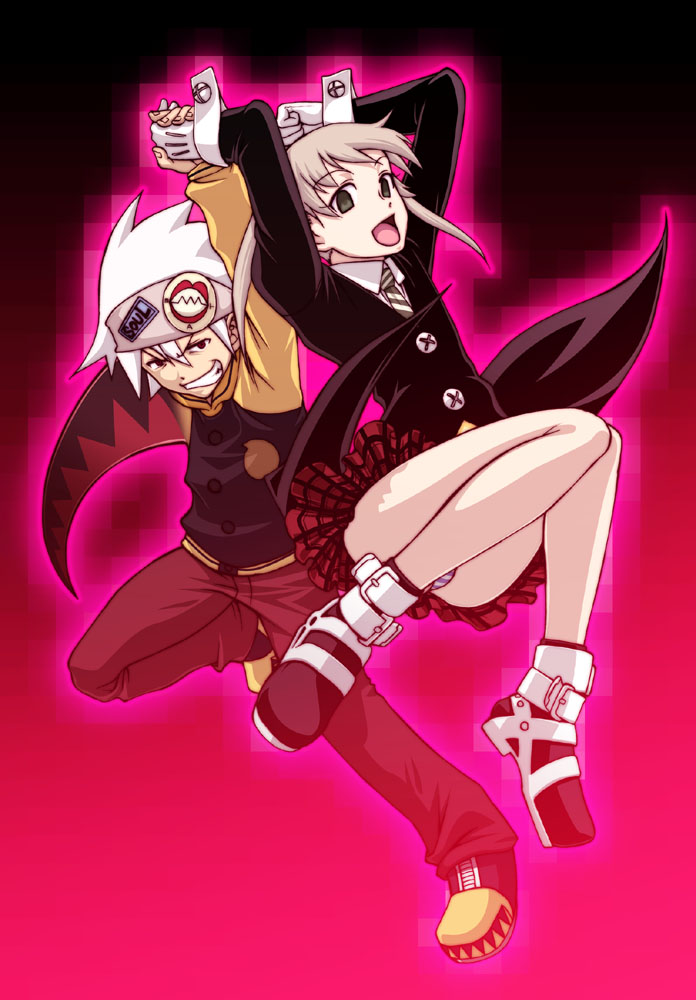 chiba toshirou, maka albarn, soul evans, soul eater, 00s, panties, pantyshot, plaid clothes, plaid skirt, raglan sleeves, scythe, skirt, underwear