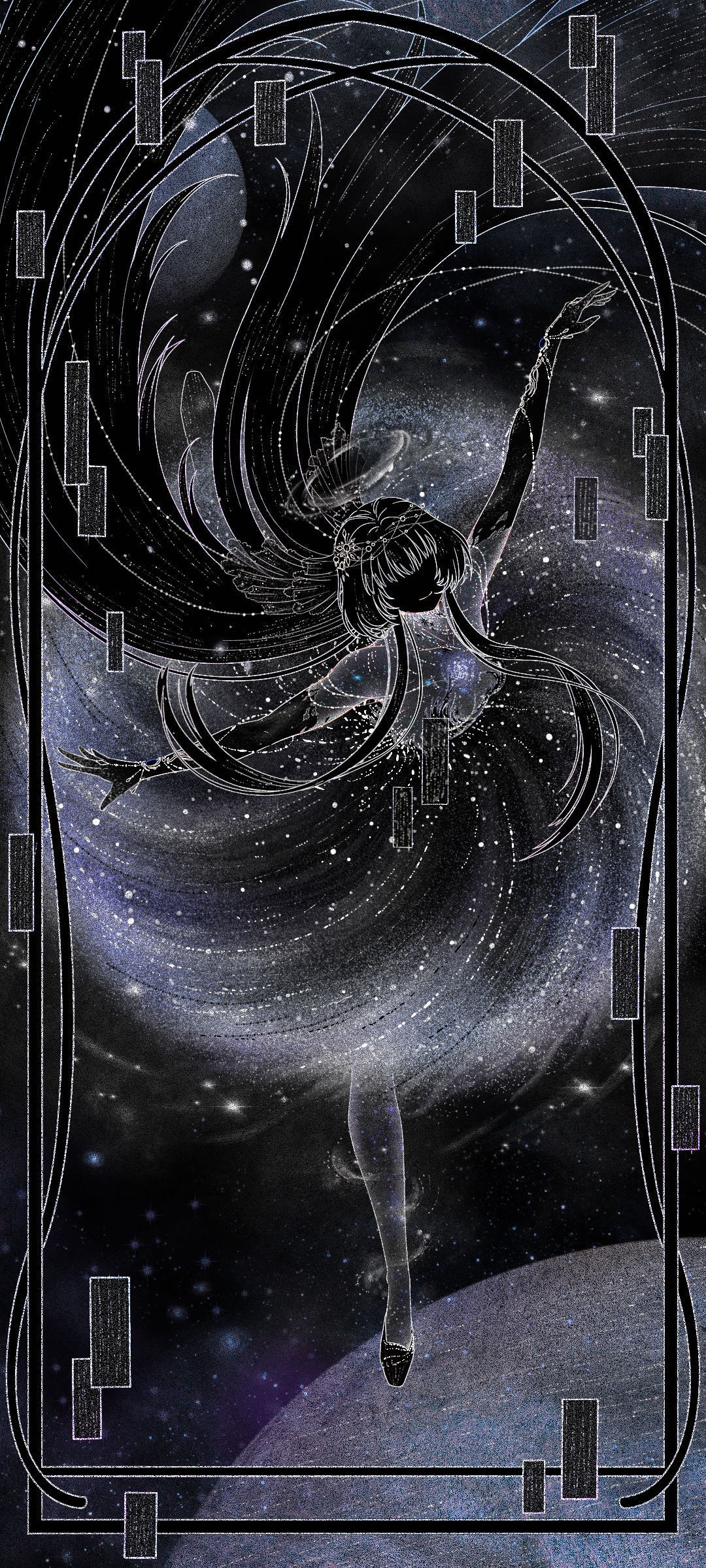 nikki (series), shining nikki, absurdres, commentary, english commentary, highres, 1girl, bare legs, bare shoulders, black hole, blunt bangs, circle skirt, circlet, closed mouth, dress, floating clothes, floating hair, frost (frostlikenikki), full body, greyscale, hair floating upwards, halo, happy, jewelry, light particles, long hair, long sidelocks, medium dress, monochrome, necklace, outstretched arms, picture frame, planet, shoes, sidelocks, smile, solo, space, star beyond galaxy (shining nikki), straight hair, strapless, strapless dress, very long hair