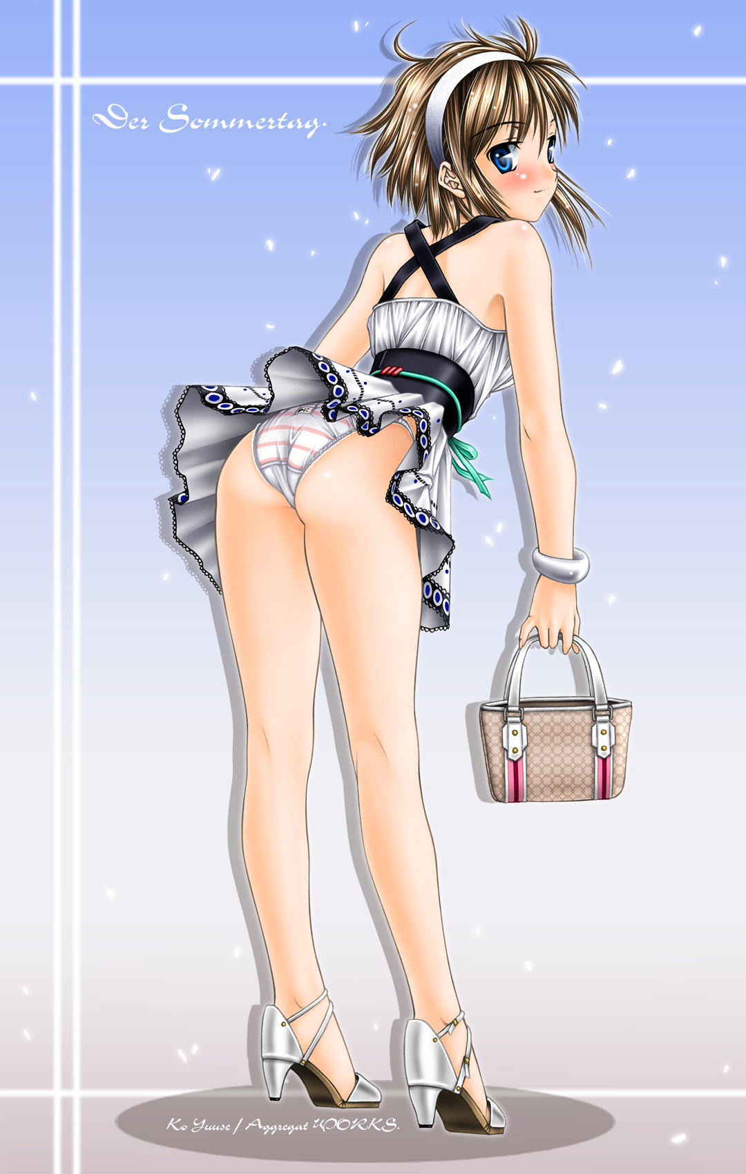 yuuse kouichi, original, highres, ass, bent over, blue eyes, brown hair, clothes lift, hairband, high heels, looking back, panties, shoes, short hair, skirt, skirt lift, solo, striped clothes, striped panties, underwear, wind, wind lift