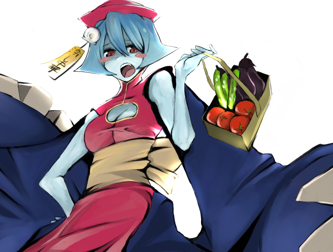tansuke, hsien-ko, capcom, darkstalkers, 1girl, blue hair, blue skin, cleavage cutout, clothing cutout, colored skin, fang, female focus, flipped hair, groceries, hat, jiangshi, qingdai guanmao, red eyes, shopping basket, short hair, solo