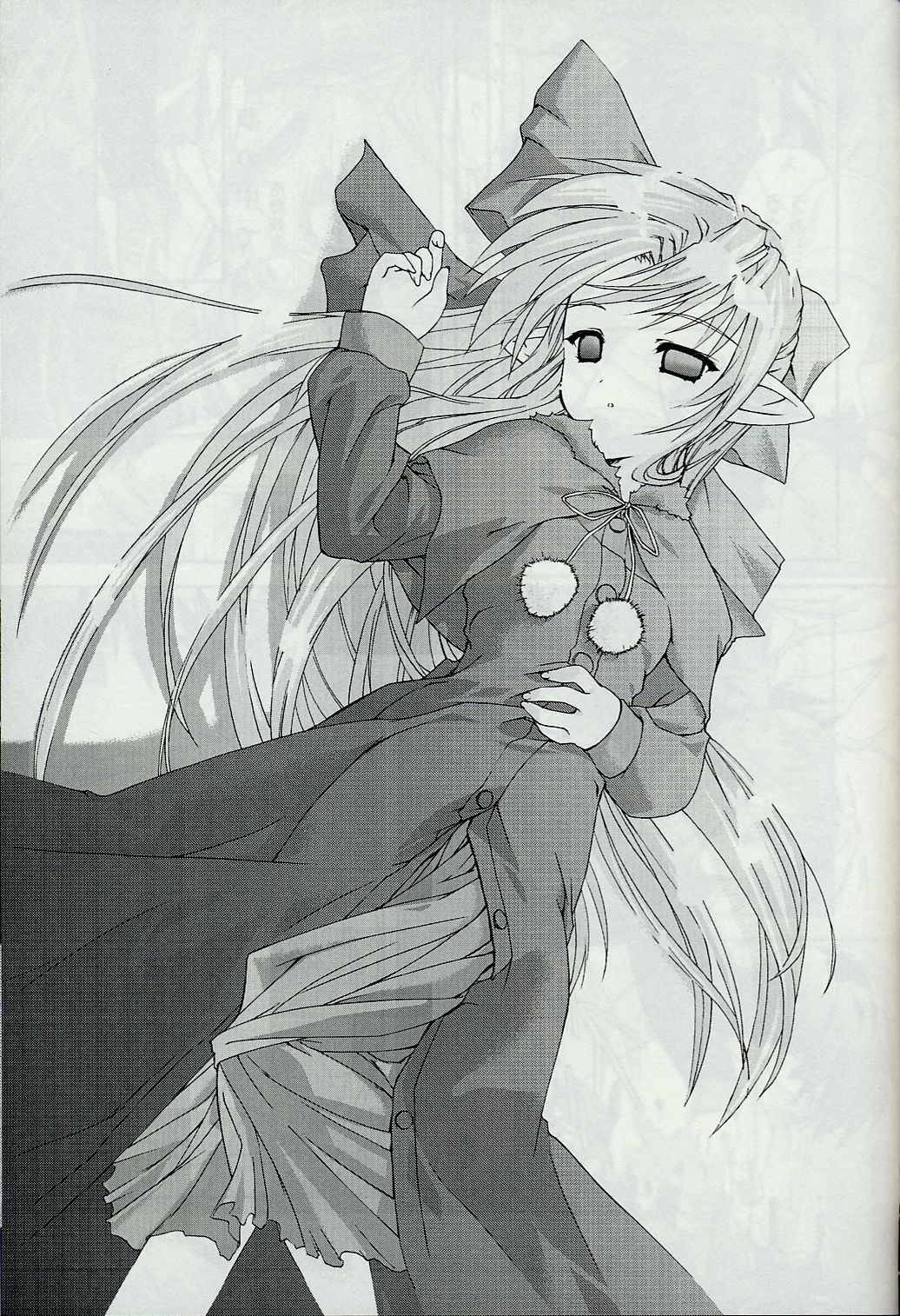 len (tsukihime), melty blood, tsukihime, type-moon, highres, 00s, 1girl, black dress, bow, capelet, dress, female focus, greyscale, hair bow, monochrome, pointy ears, solo
