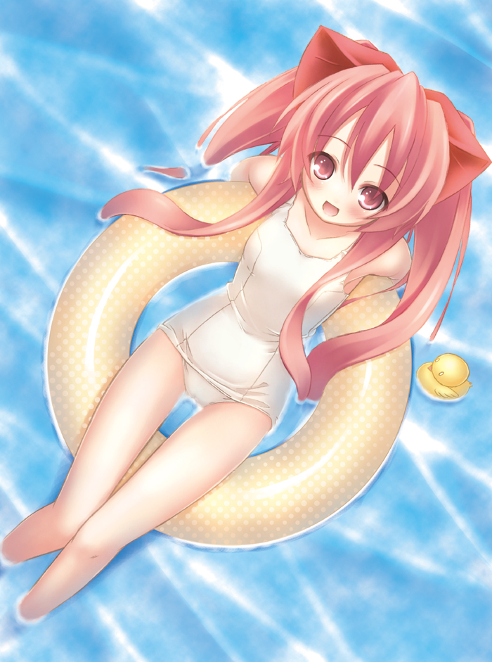 ryo (botugo), aloe, aloe (quiz magic academy), quiz magic academy, bad id, bad pixiv id, 1girl, :d, afloat, blush, bow, female focus, flat chest, innertube, long hair, one-piece swimsuit, open mouth, partially submerged, pink eyes, pink hair, rubber duck, school swimsuit, smile, soaking feet, solo, swim ring, swimsuit, thigh gap, thighs, water, wet, white one-piece swimsuit, white school swimsuit