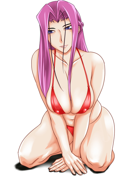 tetsukui, cornelia li britannia, code geass, 00s, 1girl, bikini, blue eyes, breasts, breasts squeezed together, cleavage, covered erect nipples, female focus, huge breasts, kneeling, long hair, purple eyes, purple hair, red bikini, solo, swimsuit