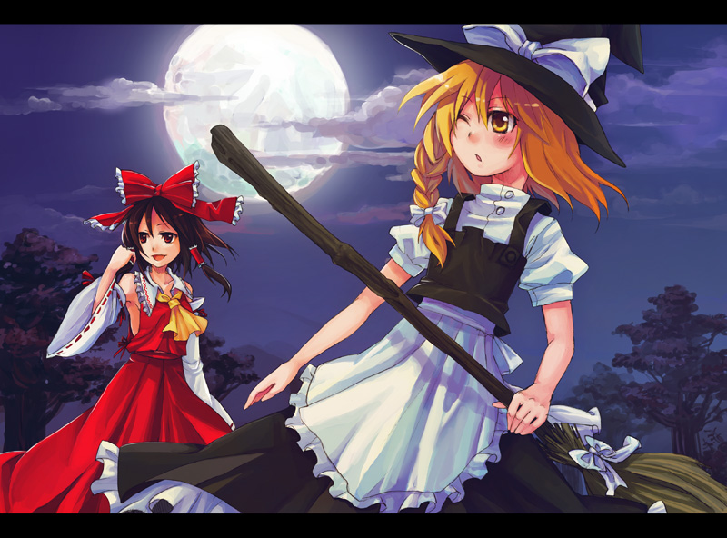 kaida michi, hakurei reimu, kirisame marisa, touhou, 2girls, :d, apron, ascot, blonde hair, blush, bow, braid, breasts, broom, brown eyes, brown hair, detached sleeves, dress, female focus, full moon, hair bow, holding hands, letterboxed, long sleeves, looking at viewer, moon, multiple girls, open mouth, puffy short sleeves, puffy sleeves, red dress, short hair, short sleeves, single braid, small breasts, smile, waist apron