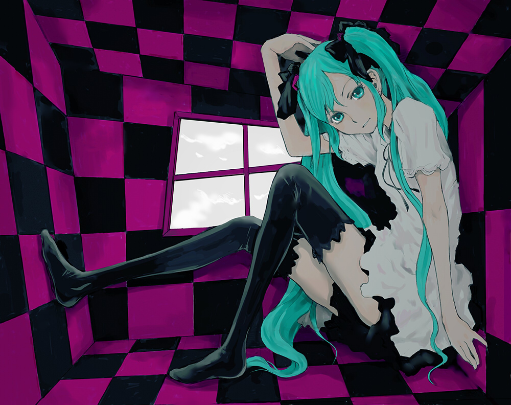 tamaoki benkyou, hatsune miku, vocaloid, world is mine (vocaloid), bad id, bad pixiv id, 1girl, blue eyes, blue hair, dress, female focus, long hair, matching hair/eyes, sitting, solo, thighhighs, twintails
