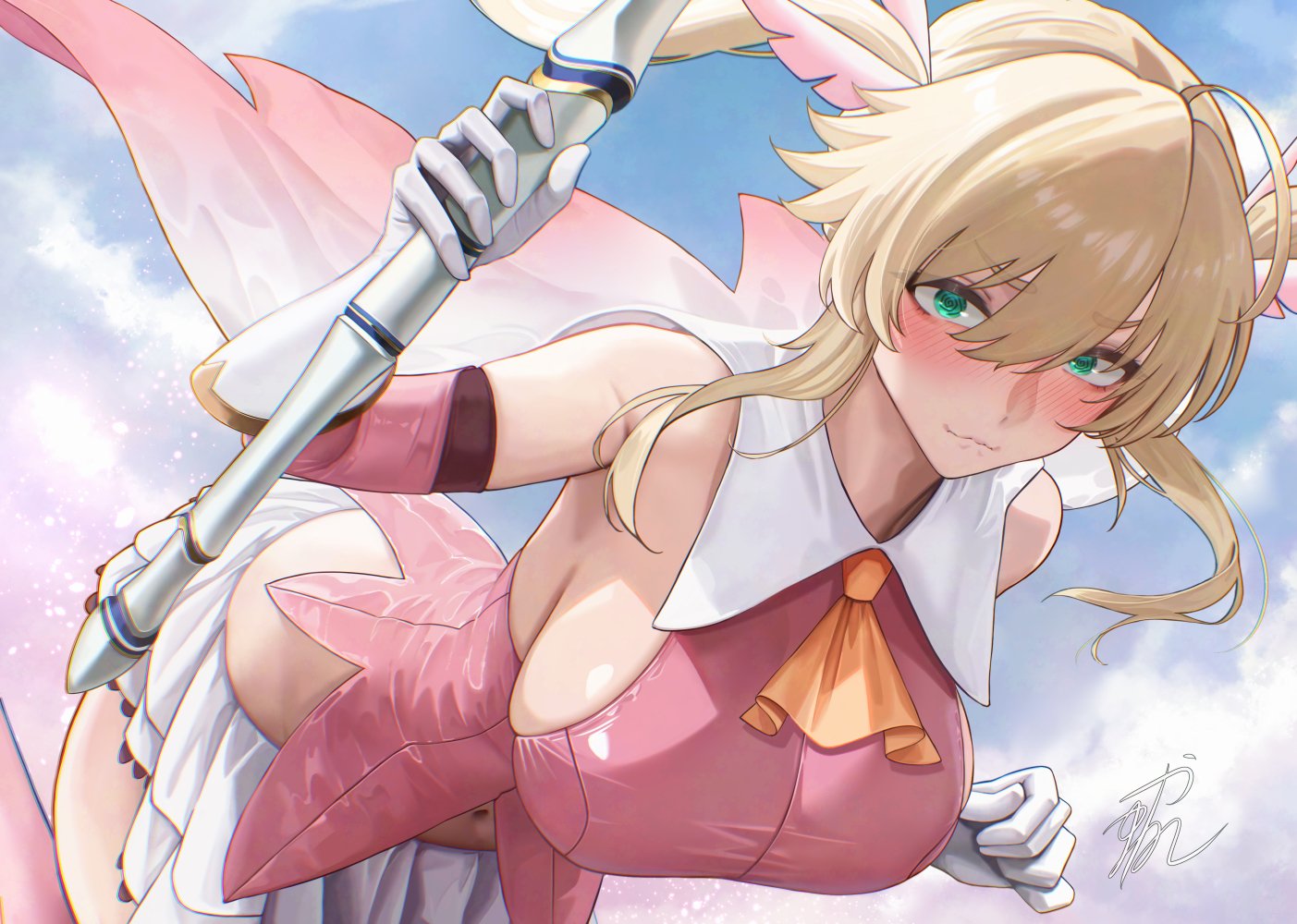 yamaneko (tkdrumsco), artoria pendragon (fate), artoria pendragon (lancer) (fate), illyasviel von einzbern, prisma illya, fate/grand order, fate (series), 1girl, blonde hair, blush, breasts, cosplay, dress, elbow gloves, feather hair ornament, feathers, gloves, green eyes, hair between eyes, hair ornament, holding, holding polearm, holding weapon, large breasts, layered gloves, long hair, looking at viewer, magical girl, pink dress, pink gloves, pleated skirt, polearm, prisma illya (cosplay), sideboob, signature, skirt, sky, sleeveless, sleeveless dress, solo, weapon, white gloves, white skirt