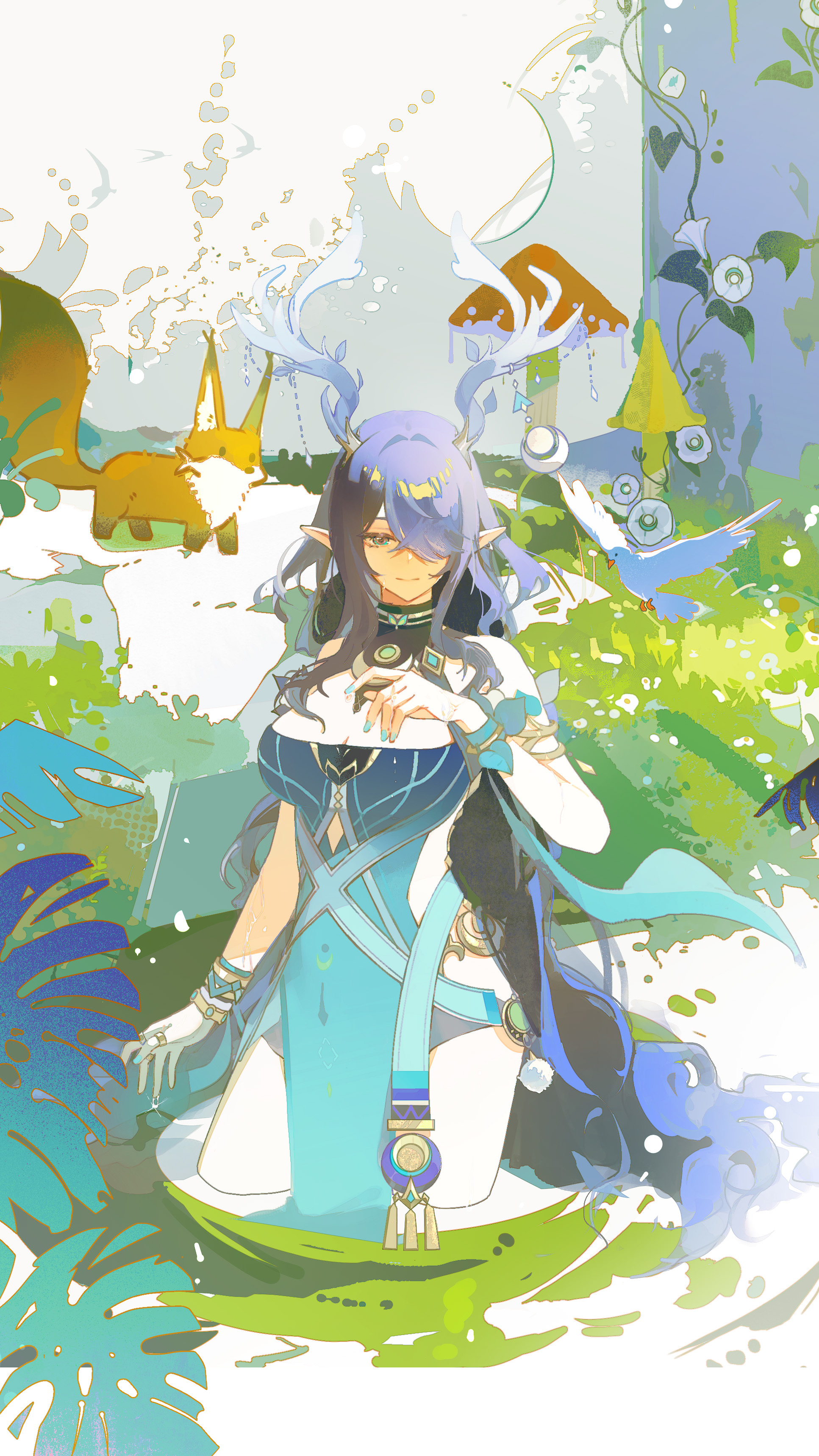 efanziyu, lauma (genshin impact), genshin impact, absurdres, hashtag-only commentary, highres, 1girl, animal, antler ornament, antlers, aqua dress, bare shoulders, bird, blue eyes, blue hair, breasts, cleavage, closed mouth, colorful, deer antlers, deer girl, dove, dress, earrings, fox, gold, hair intakes, hair over one eye, highleg, highleg dress, horns, jewelry, large breasts, leaf dress, long hair, looking at viewer, nature, pelvic curtain, pink pupils, pointy ears, reindeer girl, smile, solo, very long hair