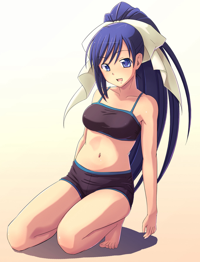 e20, yuri (quiz magic academy), quiz magic academy, 1girl, barefoot, bike shorts, blue eyes, blue hair, bra, female focus, kneeling, lingerie, long hair, matching hair/eyes, midriff, navel, ponytail, smile, solo, sports bra, underwear