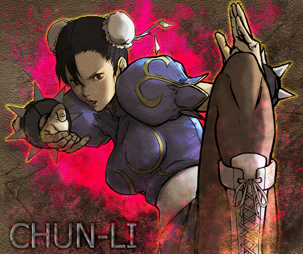 rinzou (dangan), chun-li, capcom, street fighter, 1girl, bracelet, character name, china dress, chinese clothes, dress, female focus, jewelry, kicking, pantyhose, solo, spiked bracelet, spikes
