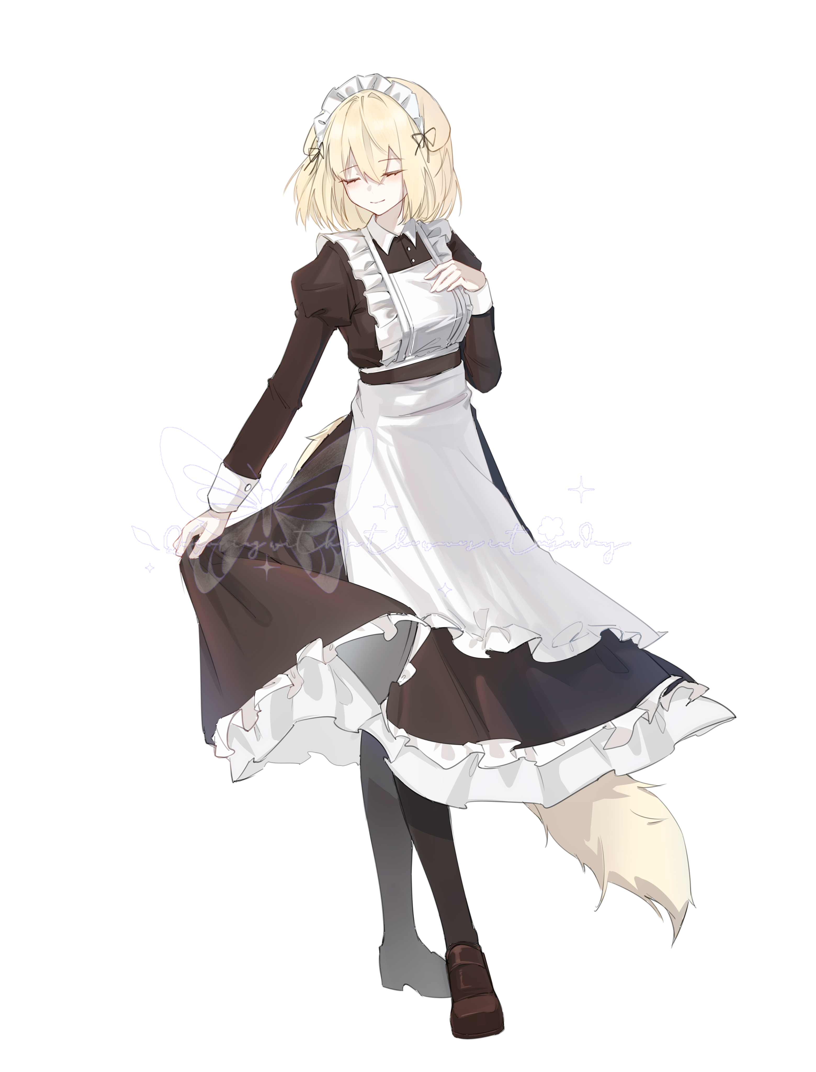 misumi uika, misumi uika (caged singer), arknights, bang dream!, bang dream! it's mygo!!!!!, absurdres, chinese commentary, commentary request, highres, 1girl, animal ears, apron, black dress, black pantyhose, blonde hair, closed eyes, closed mouth, collared dress, dog ears, dog girl, dog tail, dress, frilled apron, frilled dress, frills, full body, juliet sleeves, kemonomimi mode, loafers, long sleeves, maid, maid apron, maid headdress, medium hair, pantyhose, puffy sleeves, shoes, simple background, skirt hold, solo, standing, tail, white apron, white background, you3925589