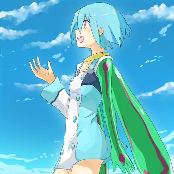 riru, eureka (eureka seven), eureka seven, eureka seven (series), bad id, bad pixiv id, spoilers, 00s, 1girl, blue hair, cloud, day, female focus, flat chest, outdoors, pink eyes, short hair, sky, solo, wings