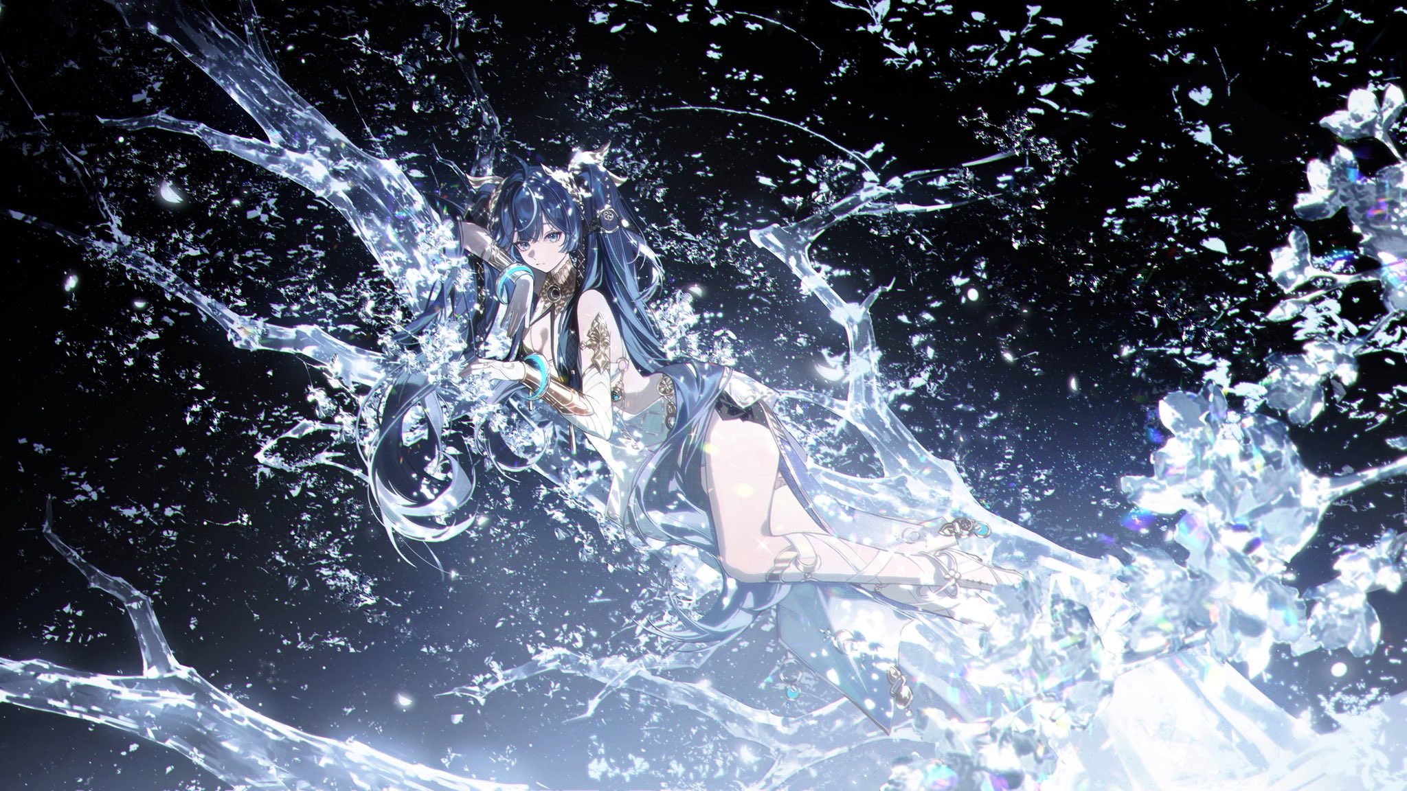 yi ke da cui tao tao, iuno (wuthering waves), wuthering waves, commentary, duplicate, hashtag-only commentary, highres, 1girl, ahoge, ancient greek clothes, armlet, bare shoulders, black skirt, blue eyes, blue hair, breasts, cleavage, closed mouth, feet out of frame, gladiator sandals, greco-roman clothes, hair belt, head wreath, jewelry, long hair, looking at viewer, lying, medium breasts, on side, sandals, skirt, solo, very long hair, water