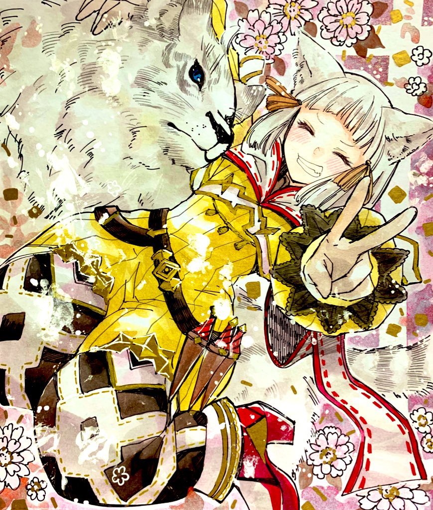 iori (akaringo), nia (xenoblade), xenoblade chronicles (series), xenoblade chronicles 2, character request, 1girl, animal ears, cat, cat ears, salute, solo, two-finger salute