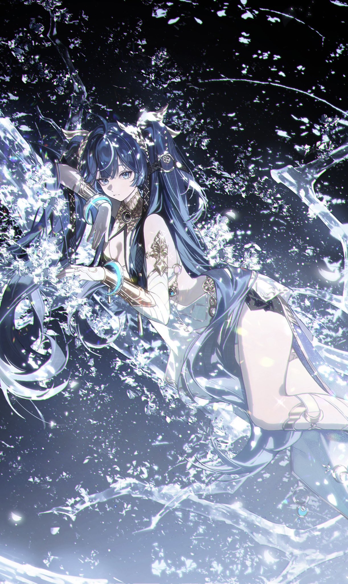 yi ke da cui tao tao, iuno (wuthering waves), wuthering waves, commentary, duplicate, hashtag-only commentary, highres, 1girl, ahoge, ancient greek clothes, armlet, bare shoulders, black skirt, blue eyes, blue hair, breasts, cleavage, closed mouth, feet out of frame, greco-roman clothes, hair belt, head wreath, jewelry, long hair, looking at viewer, lying, medium breasts, on side, skirt, solo, very long hair, water