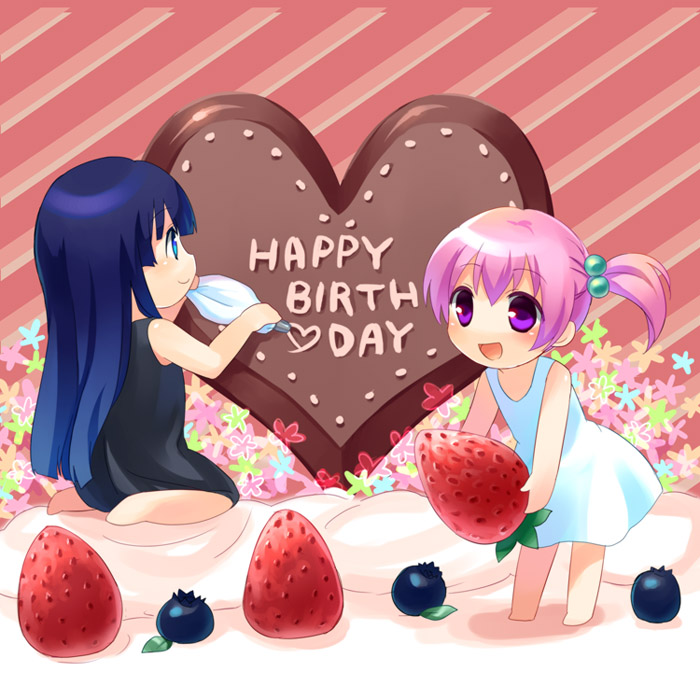 hamamo, original, 2girls, barefoot, birthday, blue eyes, blue hair, blueberry, cake, dress, flower, food, fruit, hair bobbles, hair ornament, happy birthday, in food, long hair, mini person, minigirl, multiple girls, open mouth, pink eyes, pink hair, strawberry, sundress