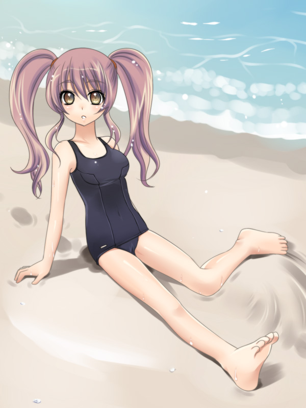 yukian, original, barefoot, beach, black one-piece swimsuit, blush, brown eyes, day, feet, long hair, one-piece swimsuit, outdoors, purple hair, sand, school swimsuit, sitting, solo, swimsuit, twintails, water, wet
