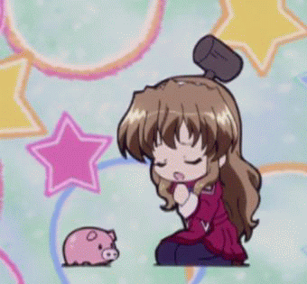 nogizaka haruka, nogizaka haruka no himitsu, animated, animated gif, anime screenshot, lowres, 00s, brown hair, chibi, explosion, kneeling, long hair, mallet, pantyhose, piggy bank, school uniform, serafuku, solo