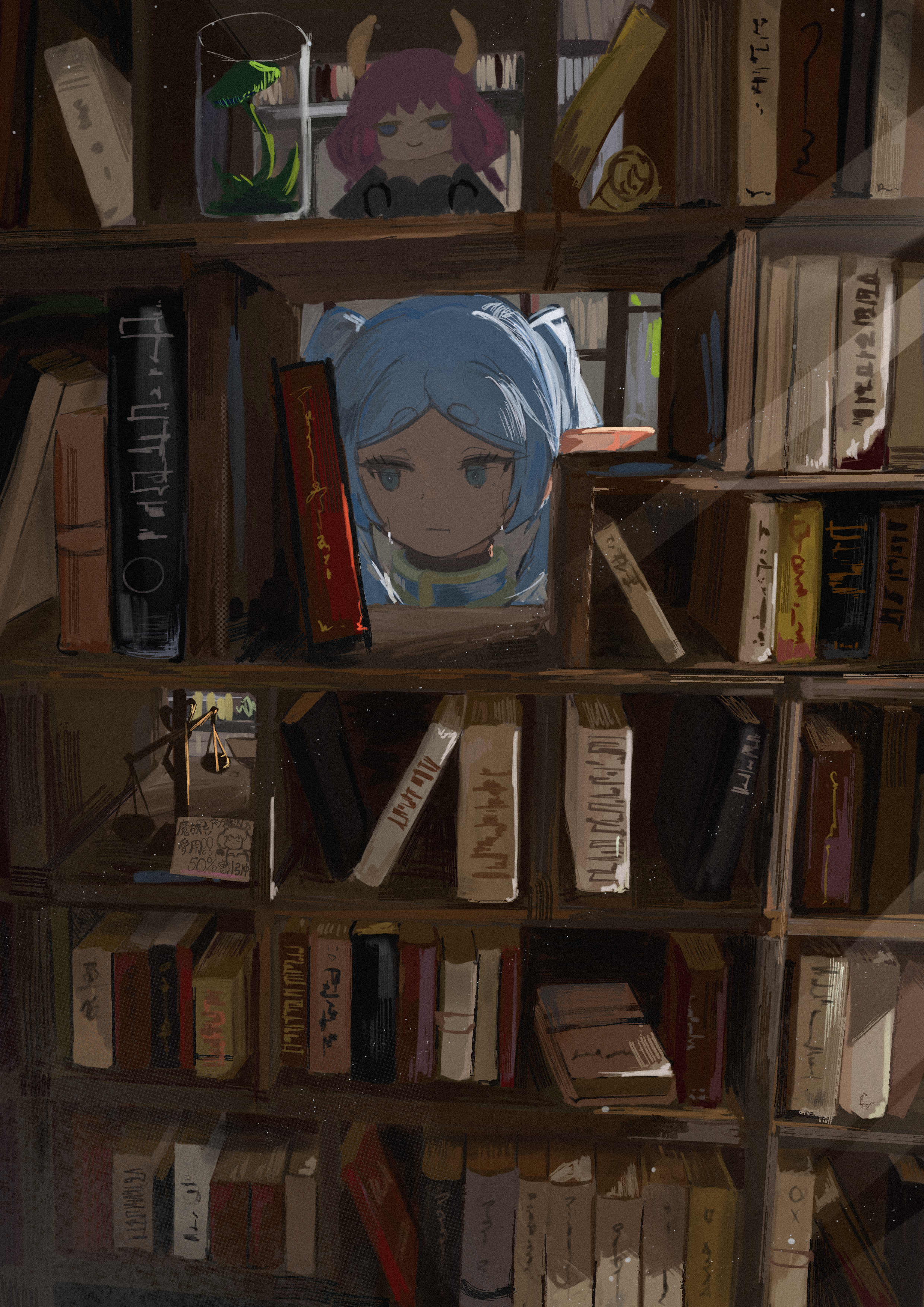 koukouya, aura (sousou no frieren), frieren, sousou no frieren, absurdres, commentary request, highres, translation request, 1girl, :|, balance scale, book, bookshelf, character doll, closed mouth, doll, elf, expressionless, fumo (doll), grey hair, indoors, light particles, light rays, parted bangs, plant, pointy ears, sidelighting, sidelocks, solo, stuffed toy, venus flytrap, weighing scale
