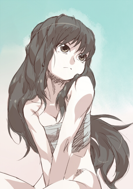 sun-3, hakurei reimu, touhou, 1girl, alternate costume, female focus, flat chest, frown, gradient background, sarashi, sketch, solo