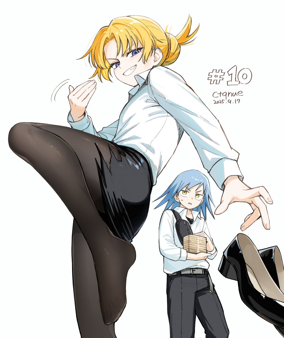 ctqnue, 1boy, 1girl, artist name, black pants, black pantyhose, black shoes, black skirt, blonde hair, blue hair, chapter number, clenched teeth, dated, hair bun, high heels, long sleeves, looking at viewer, mikado taira, pants, pantyhose, pencil skirt, ping-pong peril, pumps, purple eyes, shirt, shoes, simple background, skirt, standing, standing on one leg, teeth, torn clothes, torn skirt, unworn shoes, white background, white shirt, yellow eyes