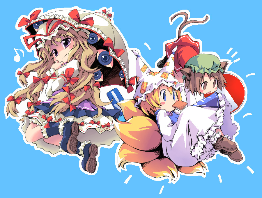 ham (points), chen, yakumo ran, yakumo yukari, touhou, parasol, umbrella