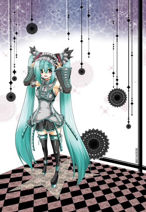 sara (pixiv118728), sara (uunyan), hatsune miku, vocaloid, eyebrows, platform footwear, 1girl, adapted costume, ankle cuffs, aqua hair, armband, black boots, black skirt, blouse, blush, boots, character name, collared shirt, cross-laced clothes, detached sleeves, female focus, frilled thighhighs, frills, from above, grey shirt, hair between eyes, hair ornament, hairband, hands on headphones, hands up, headphones, headset, lace, legs apart, long hair, microphone, miniskirt, necktie, platform boots, pleated skirt, ribbon, shirt, skirt, solo, sparkle, star (symbol), thigh boots, thighhighs, twintails