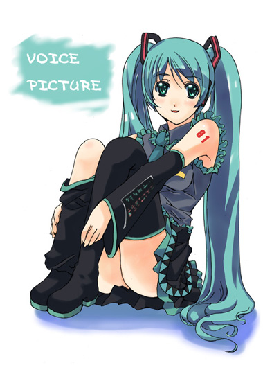 amaya yuu, hatsune miku, vocaloid, 1girl, aqua hair, asymmetrical legwear, black boots, black skirt, blush, boots, collared shirt, detached sleeves, female focus, frills, full body, grey shirt, hair between eyes, hair ornament, headphones, long hair, loose clothes, miniskirt, necktie, pleated skirt, shirt, sitting, skirt, solo, tattoo, thighhighs, twintails, uneven legwear, upskirt, very long hair