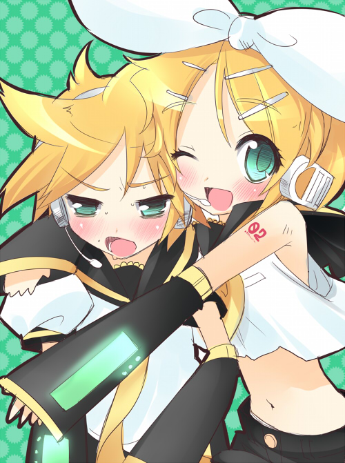 mugen dai, kagamine len, kagamine rin, vocaloid, 1boy, 1girl, blonde hair, blush, brother and sister, green eyes, siblings, twins