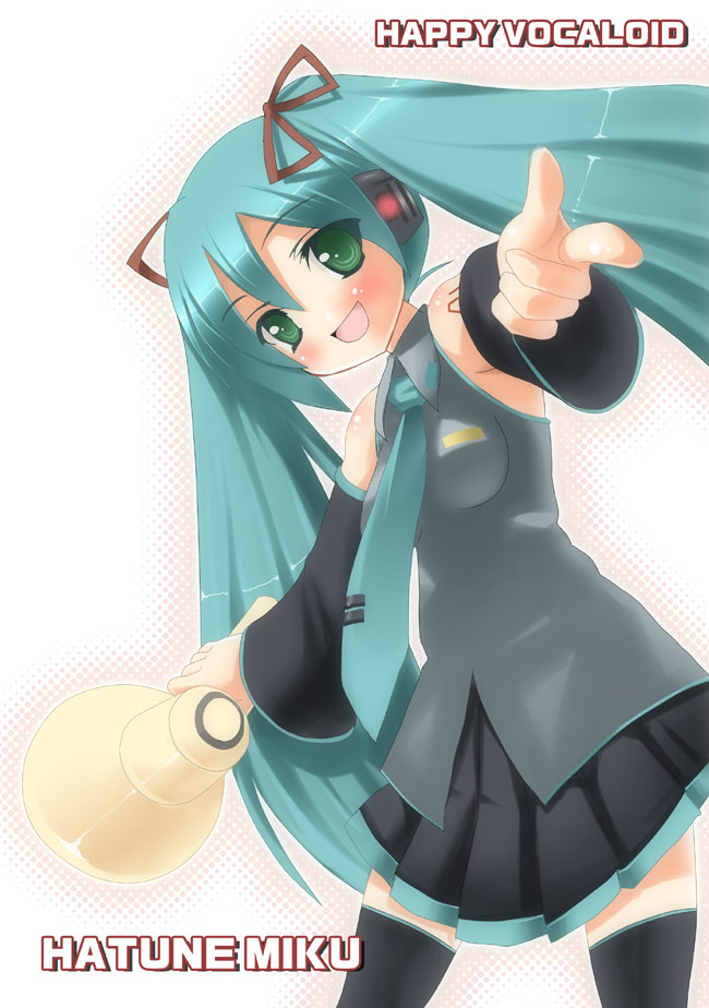 pikazo, hatsune miku, vocaloid, aqua hair, detached sleeves, finger gun, green eyes, long hair, megaphone, necktie, pointing, skirt, solo, thighhighs, twintails