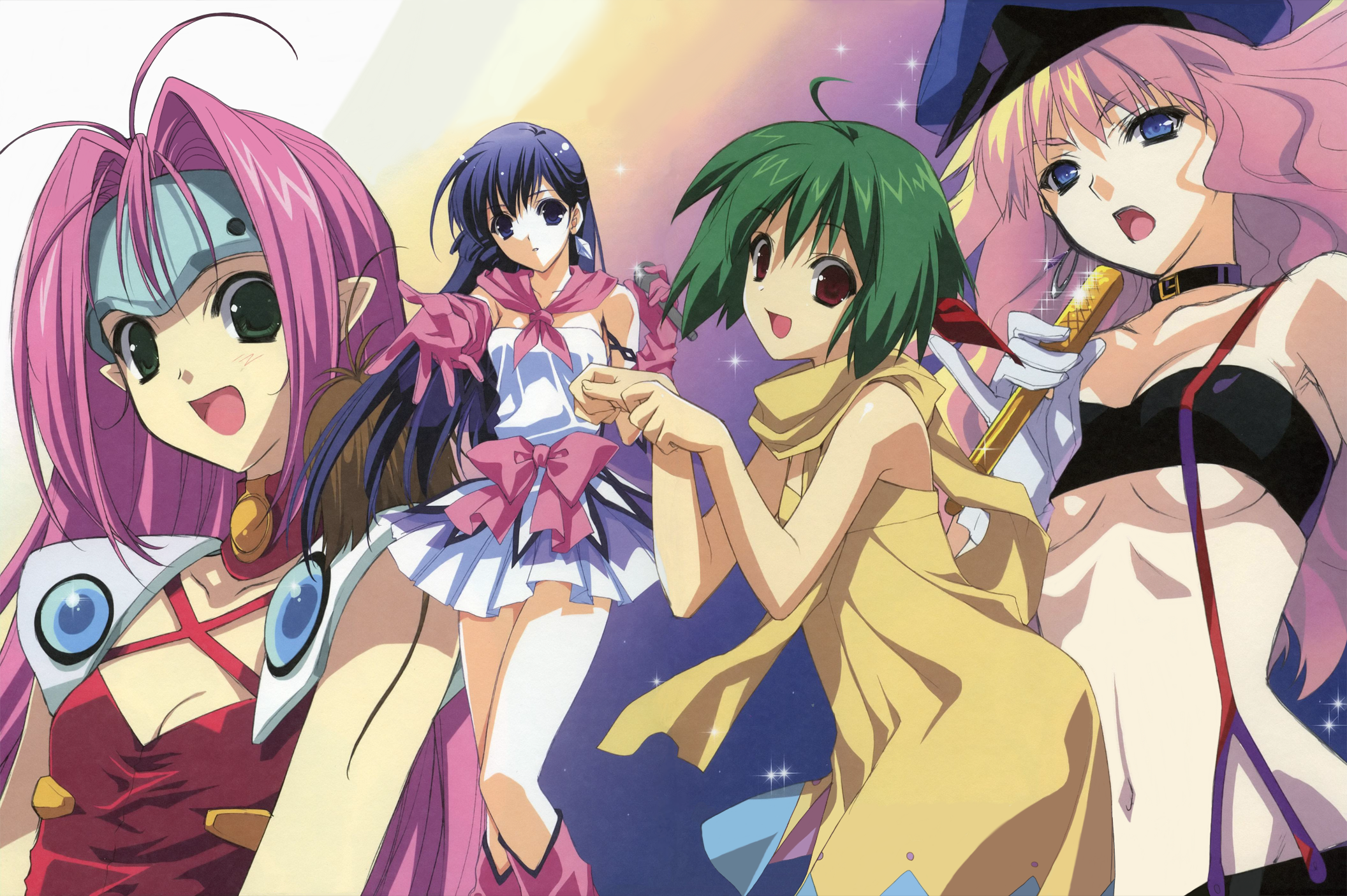 suzuhira hiro, lynn minmay, mylene jenius, ranka lee, sheryl nome, choujikuu yousai macross, macross, macross 7, macross frontier, highres, scan, 00s, 1990s (style), 4girls, breasts, hat, medium breasts, multiple girls, peaked cap, suspenders, underboob