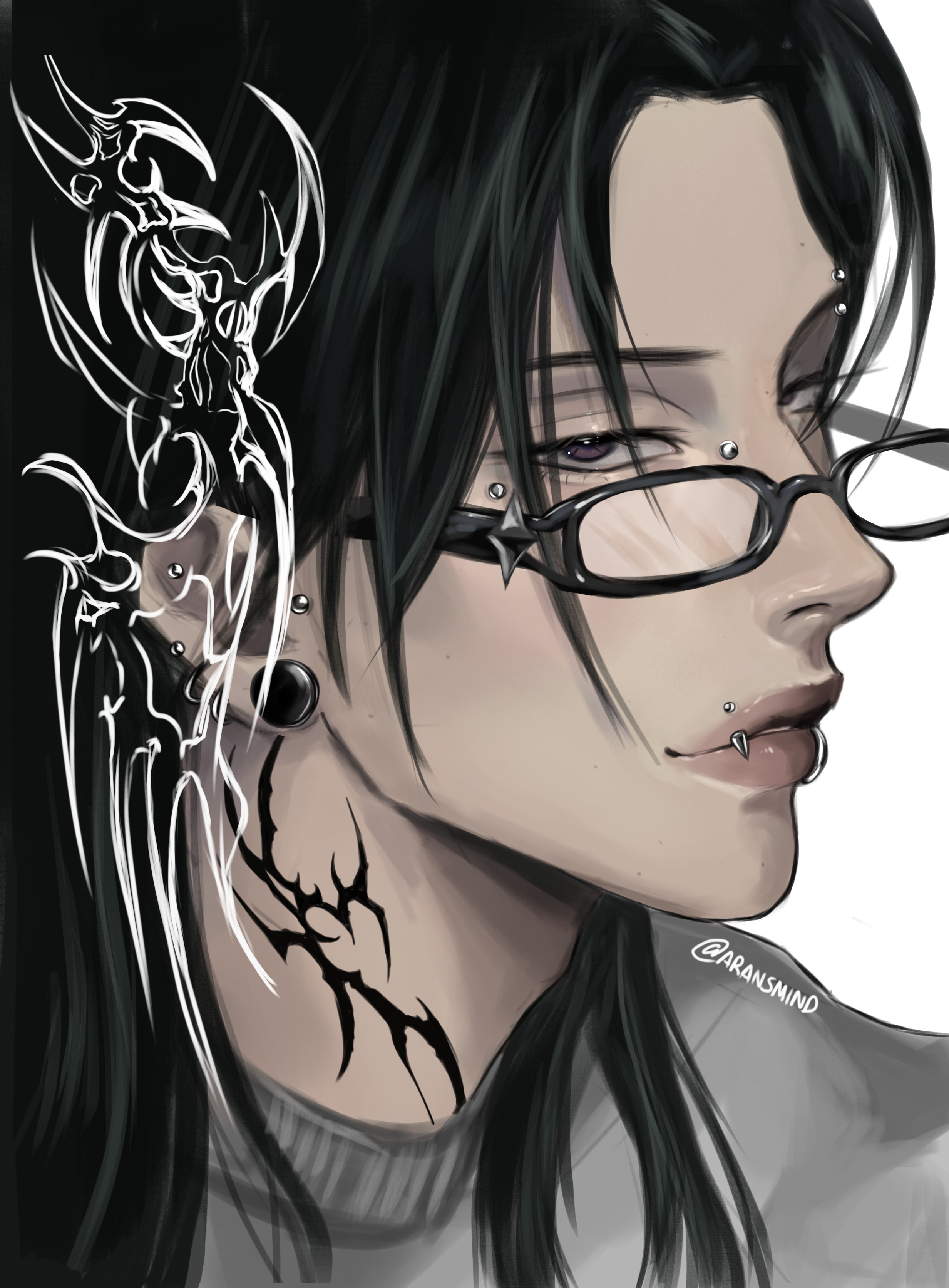 jujutsu kaisen, absurdres, highres, ibispaint (medium), 1boy, aransmind, black hair, cyber sigilism, ear piercing, eye piercing, eyebrow piercing, face piercing, grey sweater, lip piercing, looking at viewer, medium hair, neck tattoo, nose piercing, parted lips, piercing, plug (piercing), profile, purple eyes, rectangular eyewear, sweater, tattoo, twitter username, white background