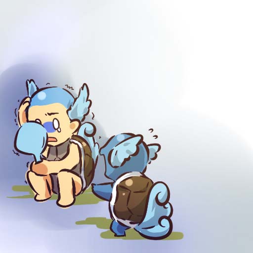 hitec, wartortle, moemon, nintendo, pokemon, pokemon rgby, 1990s (style), 1boy, bald, creature and personification, gen 1 pokemon, head wings, male focus, mirror, personification, pokemon (creature), retro artstyle, shaking, shell, tail, tears, trembling, turtle, wings