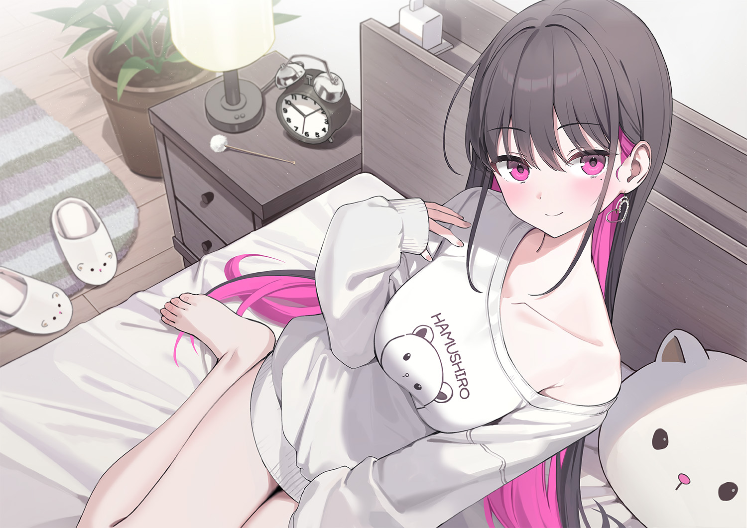 rangu, original, textless version, 1girl, black hair, breasts, closed mouth, colored inner hair, earrings, hand up, idol-chan (rangu), indoors, jewelry, large breasts, long hair, long sleeves, multicolored hair, on bed, pink eyes, pink hair, shirt, single bare shoulder, single off shoulder, slippers, smile, solo, very long hair, white shirt, white slippers