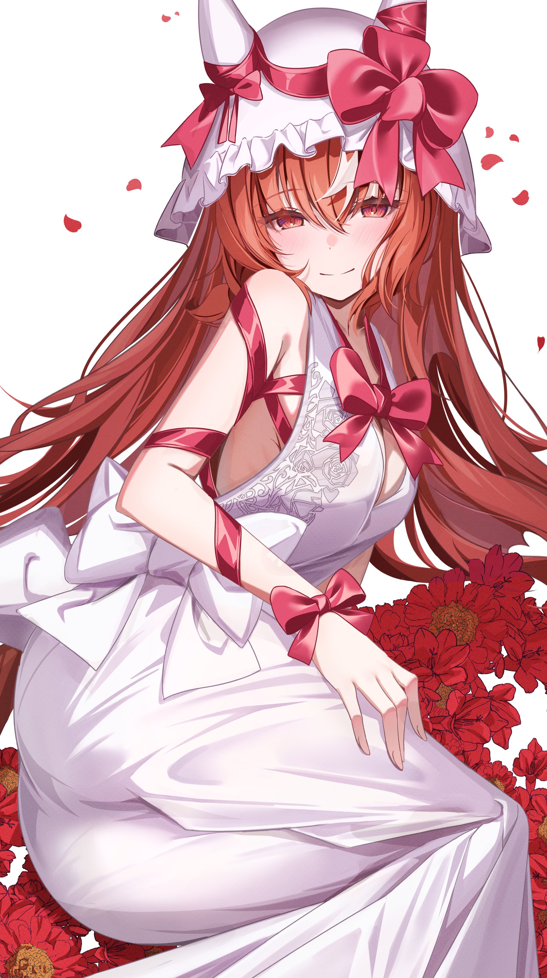 vami, still in love (umamusume), umamusume, absurdres, highres, 1girl, animal ears, ass, bare arms, bare shoulders, blush, bow, brown hair, closed mouth, dress, flower, hair between eyes, hat, hat bow, horse ears, horse girl, horse tail, long hair, looking at viewer, red bow, red eyes, red flower, sleeveless, sleeveless dress, smile, solo, tail, veil, white dress, white veil