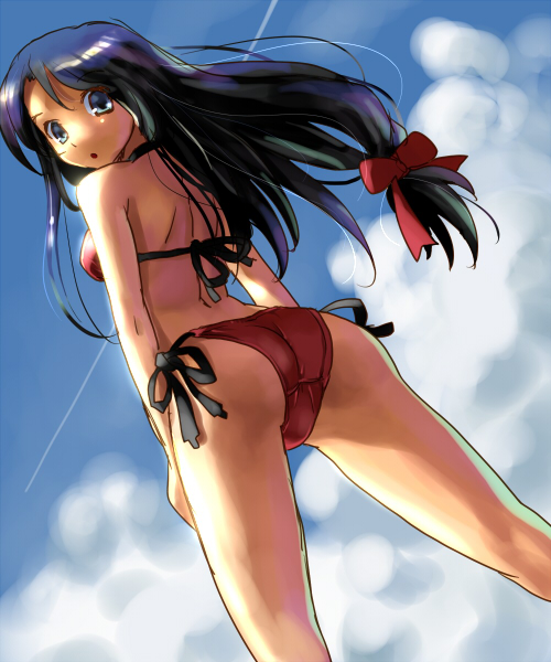 katahira masashi, original, 1girl, aqua eyes, ass, back, bikini, blue eyes, blue hair, cloud, contrail, day, female focus, floating hair, hair ribbon, halterneck, long hair, looking at viewer, looking back, low-tied long hair, matching hair/eyes, red bikini, ribbon, side-tie bikini bottom, sky, solo, swimsuit, trefoil