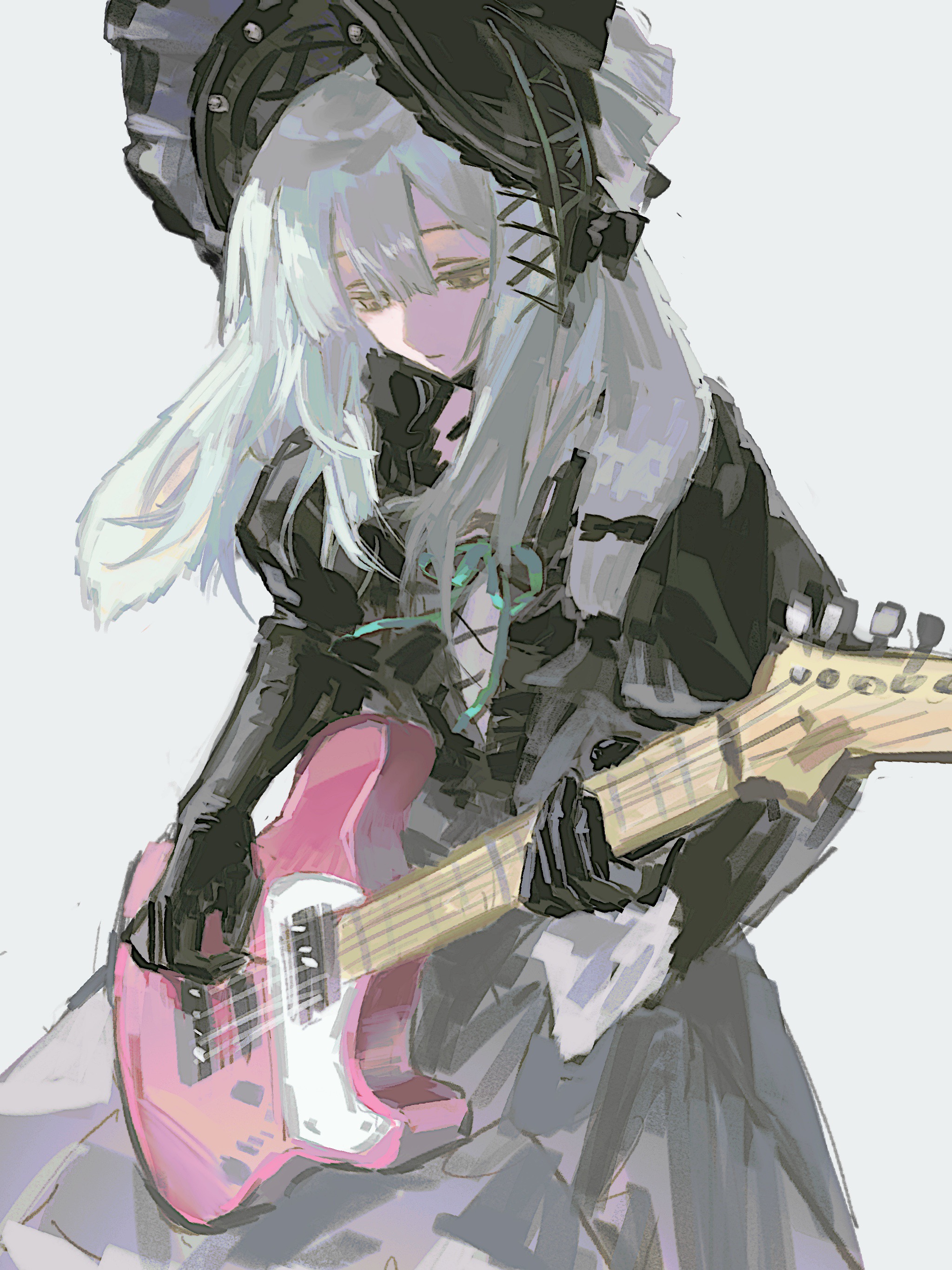 dafeiwurenkundexiangsi, wakaba mutsumi, wakaba mutsumi (marionette's id), arknights, bang dream!, bang dream! it's mygo!!!!!, absurdres, chinese commentary, commentary request, highres, procreate (medium), 1girl, animal ears, black bonnet, black dress, black gloves, bonnet, closed mouth, cowboy shot, dress, expressionless, floppy ears, gloves, gothic lolita, green hair, grey background, guitar, hair ornament, holding, holding guitar, holding instrument, instrument, lolita fashion, long hair, long sleeves, looking down, music, playing guitar, playing instrument, rabbit ears, rabbit girl, sidelocks, simple background, solo, standing, x hair ornament, yellow eyes