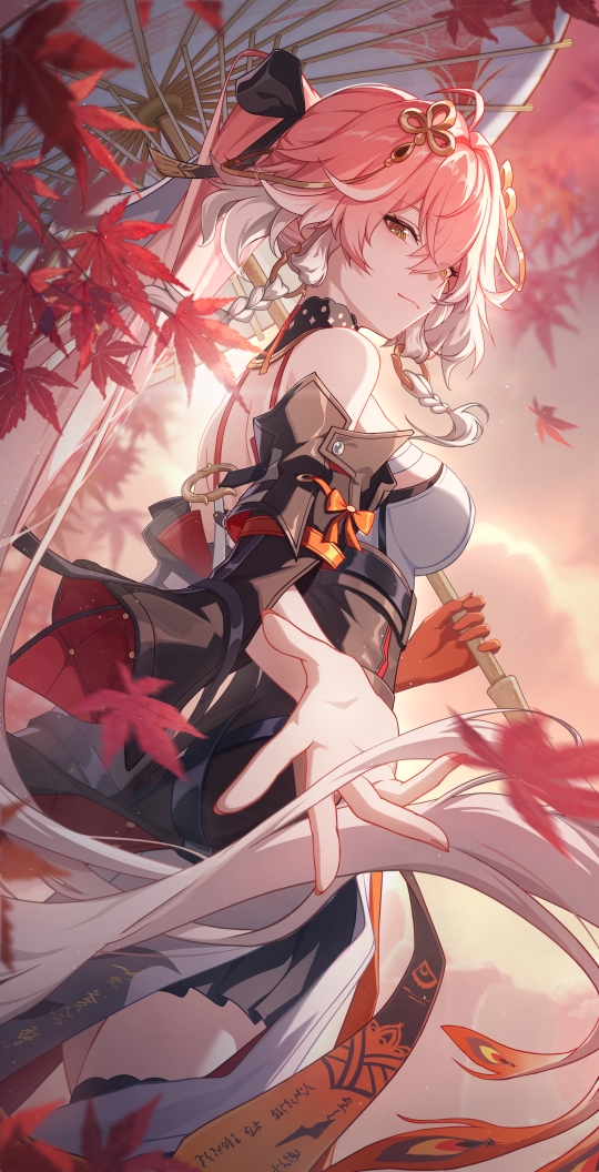 xiaoran mico, changli (wuthering waves), wuthering waves, chinese commentary, commentary request, partial commentary, revision, 1girl, ahoge, bare shoulders, black bow, black jacket, bow, braid, breasts, closed mouth, colored extremities, cowboy shot, dress, fingernails, from side, hair bow, hair extensions, hair ornament, holding, holding umbrella, jacket, long hair, looking at viewer, looking to the side, medium breasts, multicolored hair, offering hand, oil-paper umbrella, orange eyes, pink hair, ponytail, red hands, ring hair extensions, smile, solo, twin braids, two-tone hair, umbrella, very long hair, white dress, white hair, white umbrella