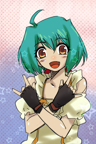 michael f91, ranka lee, macross, macross frontier, 00s, m/, ahoge, fang, fingerless gloves, gloves, green hair, red eyes, seikan hikou, short hair, smile, solo, standing, star (symbol)