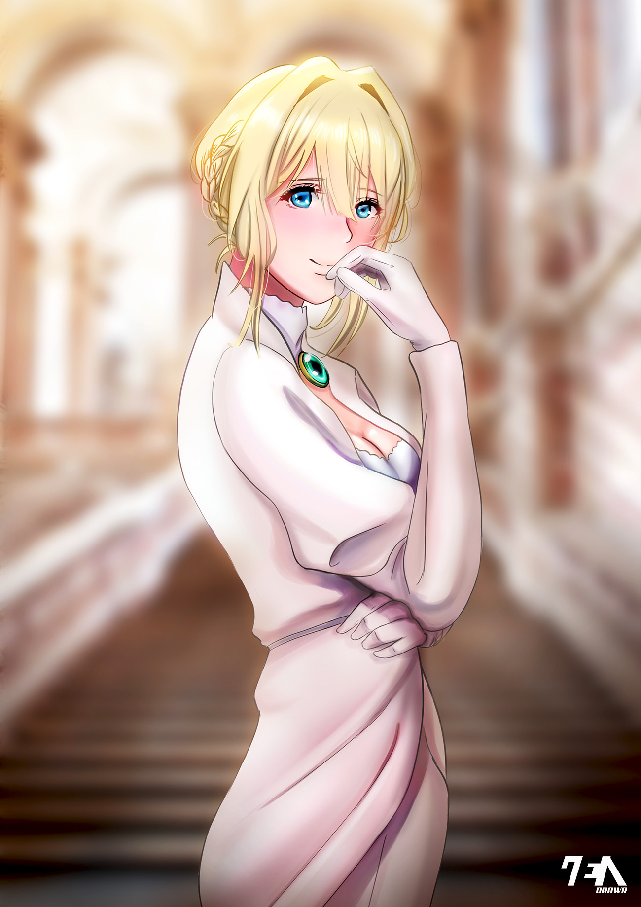 zendrawr, violet evergarden, kyoto animation, violet evergarden (series), highres, 1girl, blonde hair, blue eyes, blurry, blurry background, blush, braid, breasts, cleavage, dress, gloves, hand on own face, jewelry, looking at viewer, necklace, pearl necklace, short hair, signature, smile, solo, upper body, white dress, white gloves