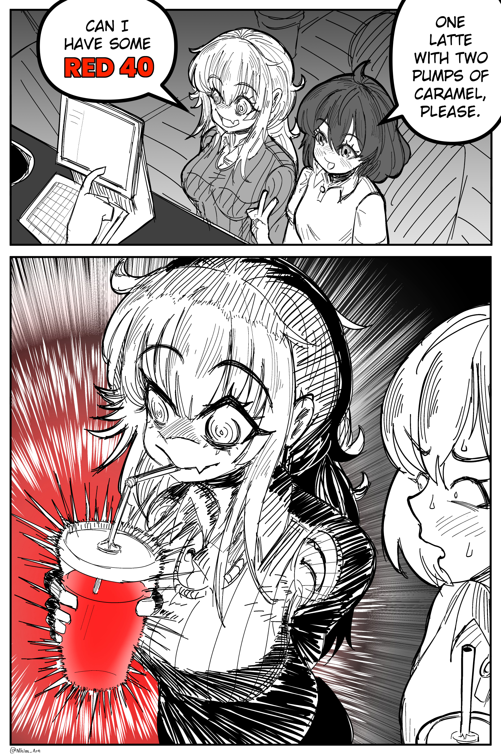 nhim, mimi (nhim), original, absurdres, commentary, english commentary, highres, 2girls, arm behind back, breasts, cafe, cash register, cup, drinking, drinking straw, english text, fang, food coloring, glowing, holding, holding cup, large breasts, multiple girls, nervous sweating, open mouth, skin fang, spot color, surprised, sweat, sweater