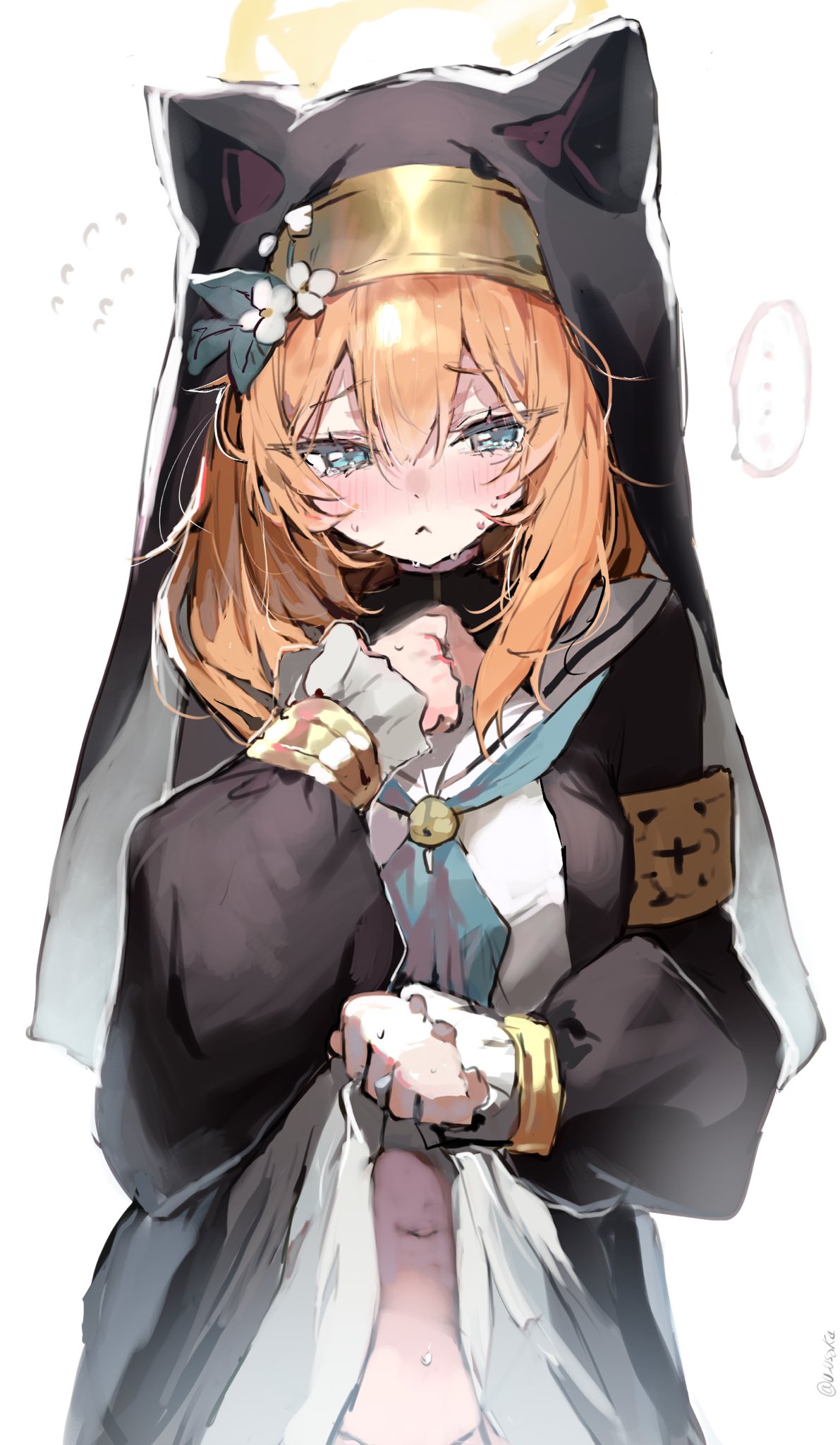 inusaka, mari (blue archive), blue archive, highres, 1girl, animal ears, black jacket, black veil, blue eyes, blue neckerchief, blush, closed mouth, clothes lift, dress, flower, hair between eyes, hair flower, hair ornament, jacket, long hair, navel, neckerchief, no panties, nun, sailor collar, skirt, skirt lift, solo, sweat, veil, white dress, white flower, white sailor collar