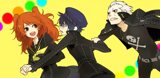 darao, kujikawa rise, shirogane naoto, tatsumi kanji, atlus, persona, persona 4, bad id, bad pixiv id, 1boy, 2girls, androgynous, blue hair, blush, earrings, hat, jewelry, multiple girls, newsboy cap, red hair, reverse trap, running, school uniform, serafuku, skull, smile, twintails