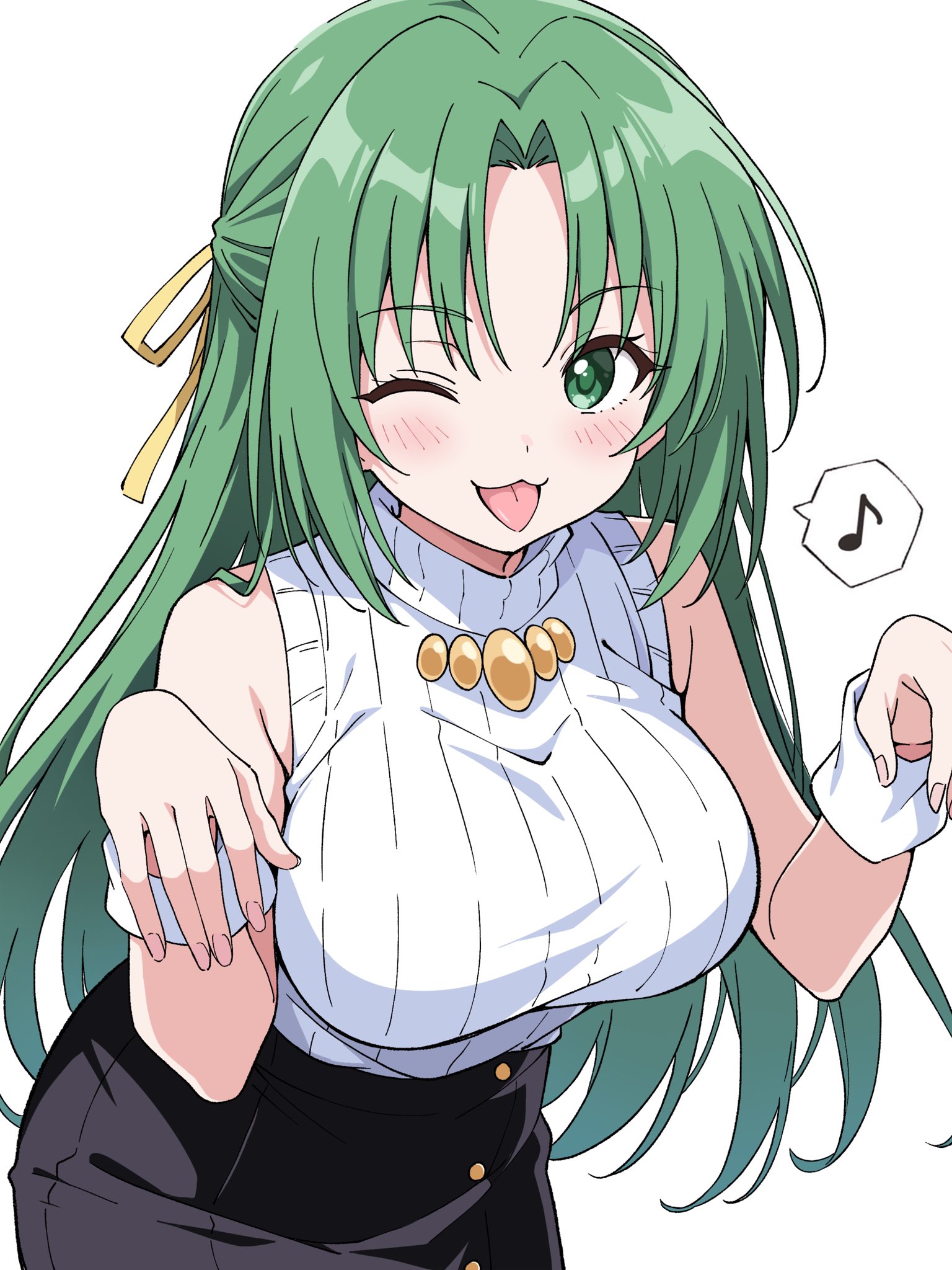 niyane, sonozaki shion, higurashi no naku koro ni, commentary request, highres, 1girl, :3, ;d, bare shoulders, black skirt, blush, breasts, cowboy shot, green eyes, green hair, hair ribbon, hands up, large breasts, long hair, looking at viewer, musical note, one eye closed, open mouth, parted bangs, ribbon, simple background, skirt, sleeveless, sleeveless sweater, smile, solo, spoken musical note, sweater, tongue, tongue out, turtleneck, turtleneck sweater, white background, white sweater, wrist cuffs, yellow ribbon