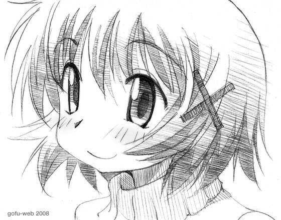 gofu, yuno (hidamari sketch), hidamari sketch, traditional media, 00s, greyscale, monochrome, sketch, solo