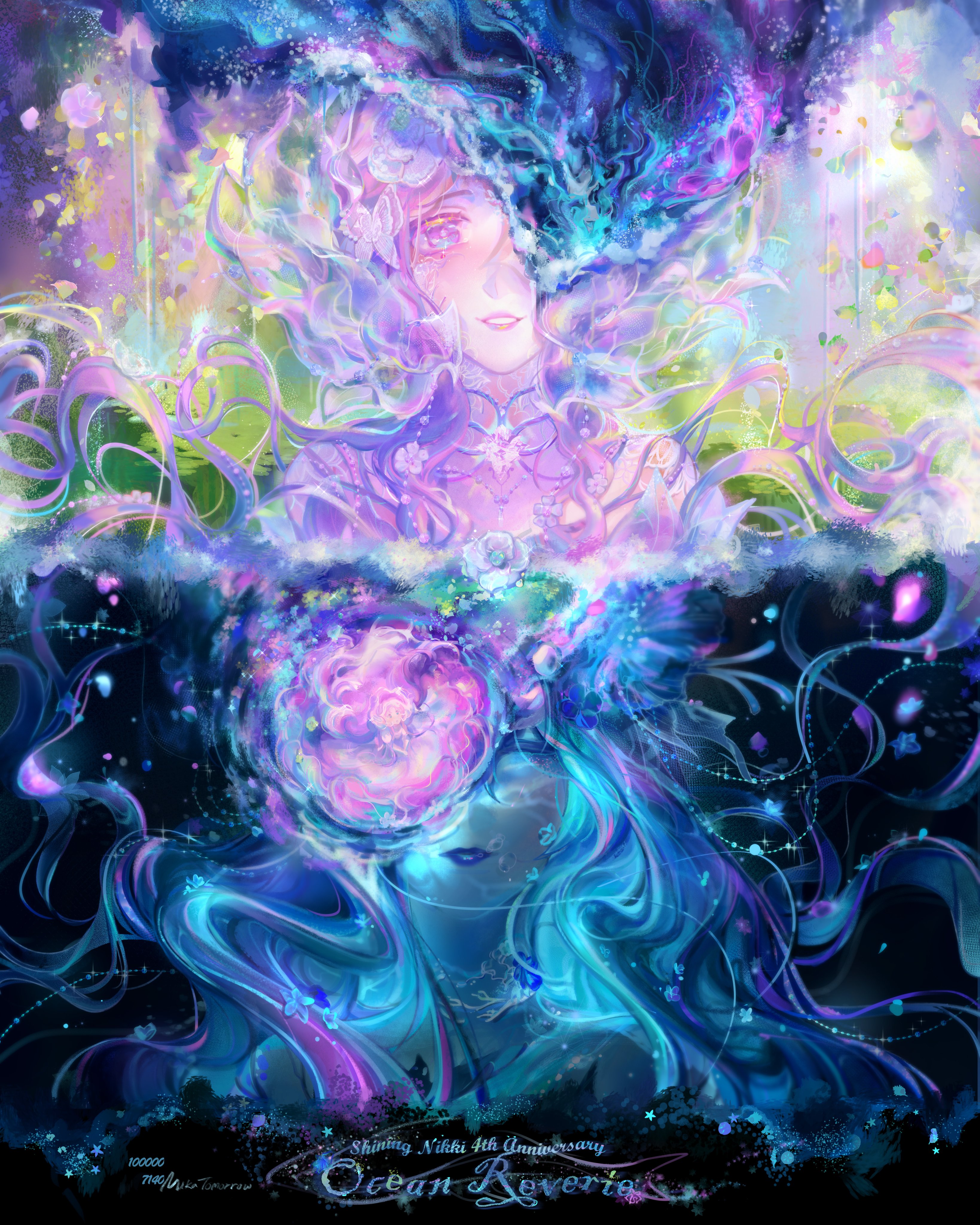 nikki (series), shining nikki, absurdres, commentary, english commentary, highres, second-party source, 2girls, anniversary, black dress, blue hair, closed mouth, colored eyelashes, copyright name, dress, english text, floating hair, flower hat, happy, hat, jellyfish, jewelry, lipstick, long hair, makeup, mikagamingaccount, multiple girls, necklace, one eye covered, outstretched hand, pink dress, pink eyes, pink hair, pink hat, pink lips, purple lips, sad, short hair, smile, split theme, straight-on, strapless, strapless dress, teeth, underwater, upper body, vast blossom (shining nikki), wavy hair, whales toward sea (shining nikki)