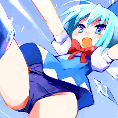 9law, cirno, touhou, bad id, bad pixiv id, lowres, 1girl, blue eyes, blue hair, cameltoe, dress, falling, female focus, matching hair/eyes, no pants, one-piece swimsuit, outdoors, school swimsuit, sky, solo, swimsuit, swimsuit under clothes, upskirt