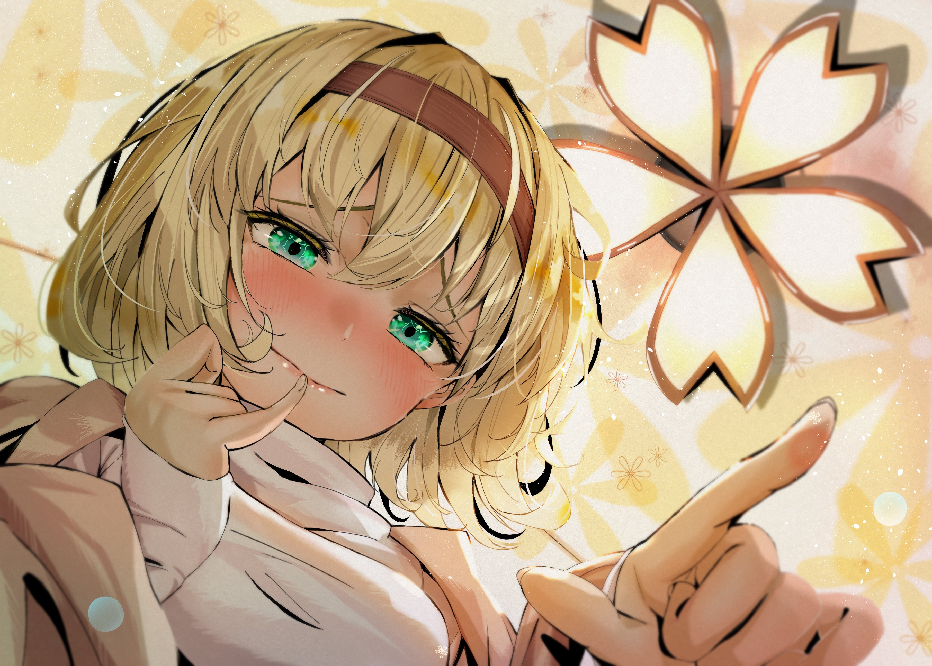 tobikaze89, chatan nakiri (tenka hyakken), tenka hyakken, shiny lips, absurdres, highres, blonde hair, brown coat, cherry blossom background, coat, finger to mouth, floral background, green eyes, hairband, light blush, long sleeves, looking at viewer, looking down, one-finger caress, personification, pursed lips, short hair, sweater, turtleneck, turtleneck sweater, yellow background
