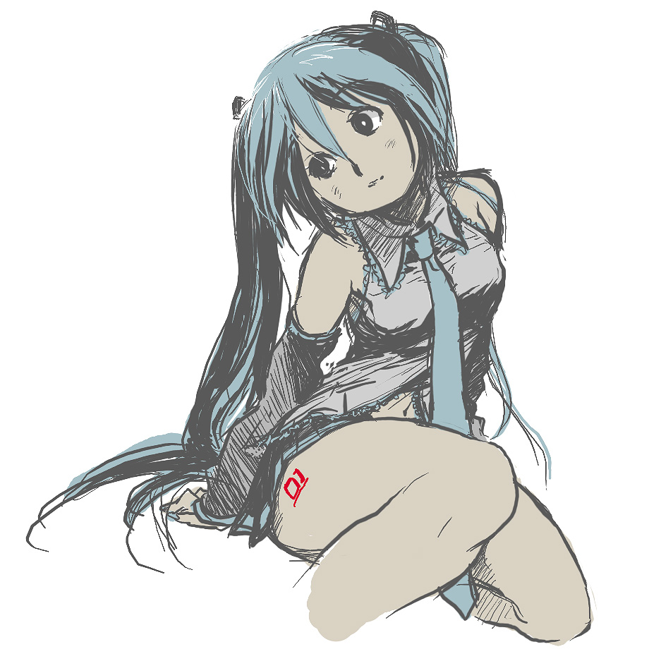 nawoko, hatsune miku, vocaloid, 1girl, bare legs, black eyes, black skirt, blue hair, collared shirt, detached sleeves, female focus, green hair, grey shirt, hair between eyes, hair ornament, head tilt, long hair, miniskirt, nail polish, necktie, pleated skirt, shirt, simple background, sitting, sketch, skirt, solo, tattoo, twintails, white background